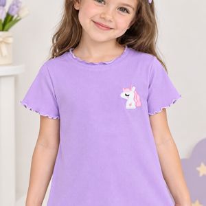 Футболка в рубчик сиреневая с единорогом для девочки 5-7 лет