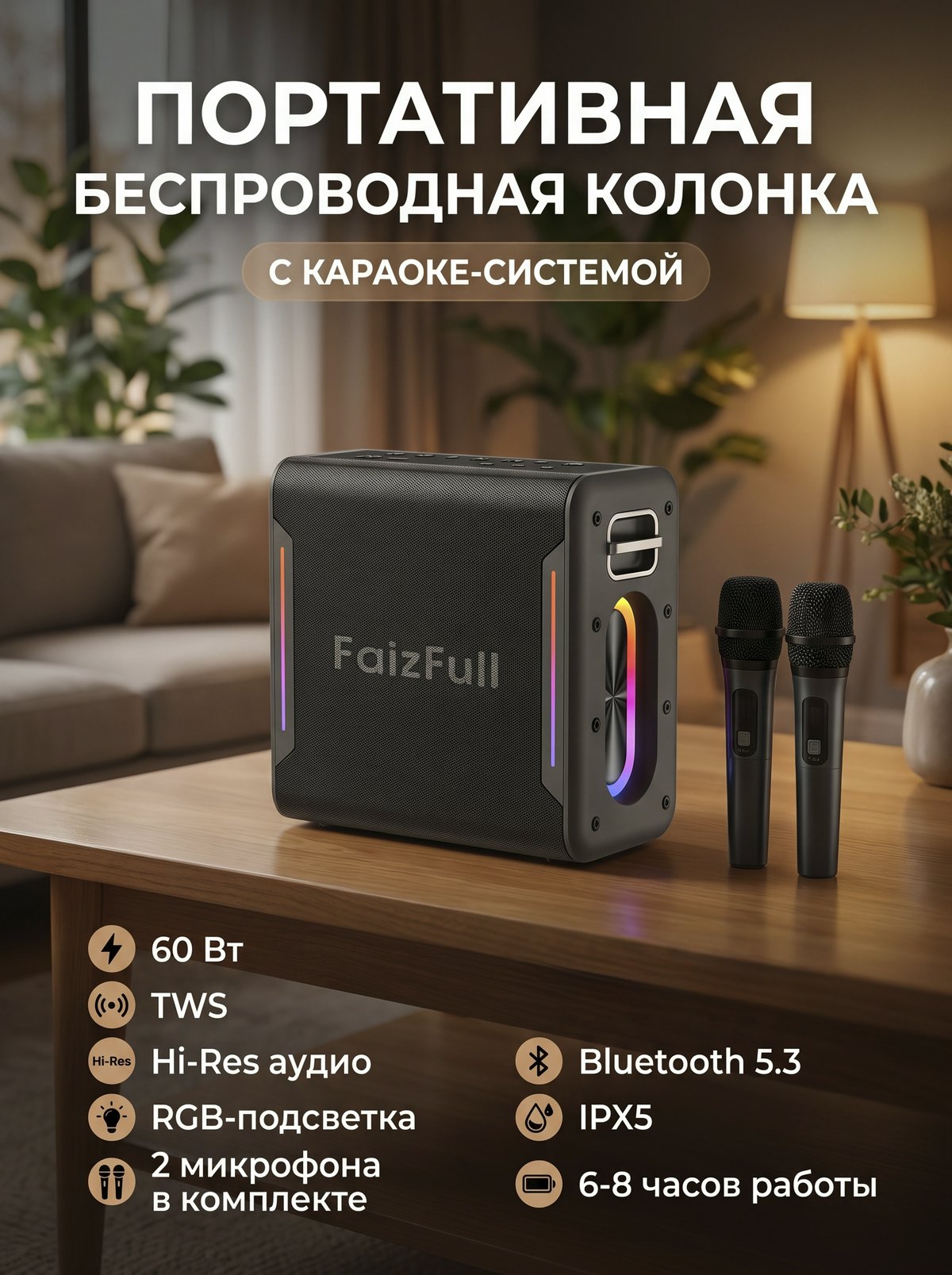 Портативная беспроводная колонка с караоке-системой FaizFull FK300, 2 микрофона в комплекте