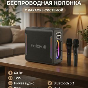 Портативная беспроводная колонка с караоке-системой FaizFull FK300, 2 микрофона в комплекте