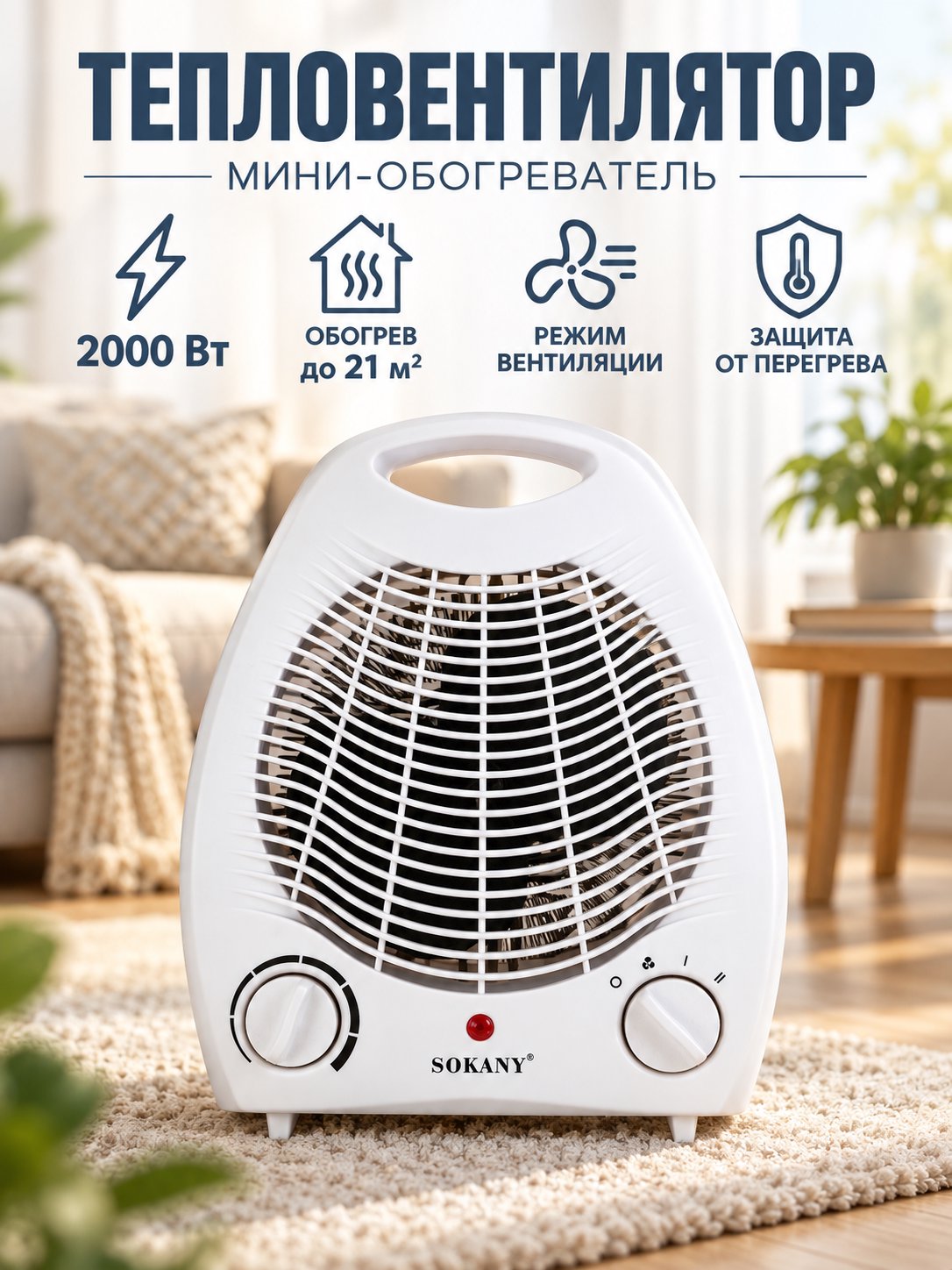 Тепловентилятор, мини-обогреватель Sokany SK-1650, 2000 Вт