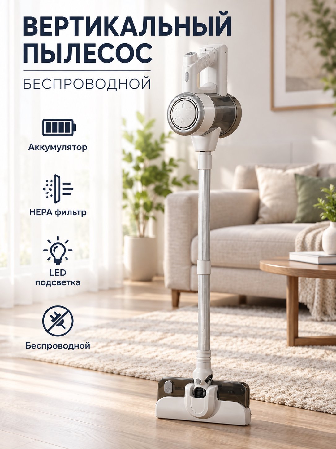 Вертикальный беспроводной пылесос Handheld Vacuum Cleaner с HEPA-фильтрацией