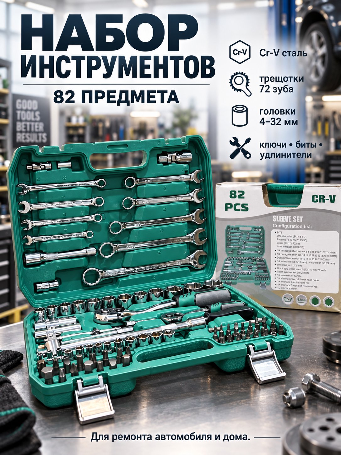 Набор инструментов 82 предмета, универсальный, для автомобиля и дома